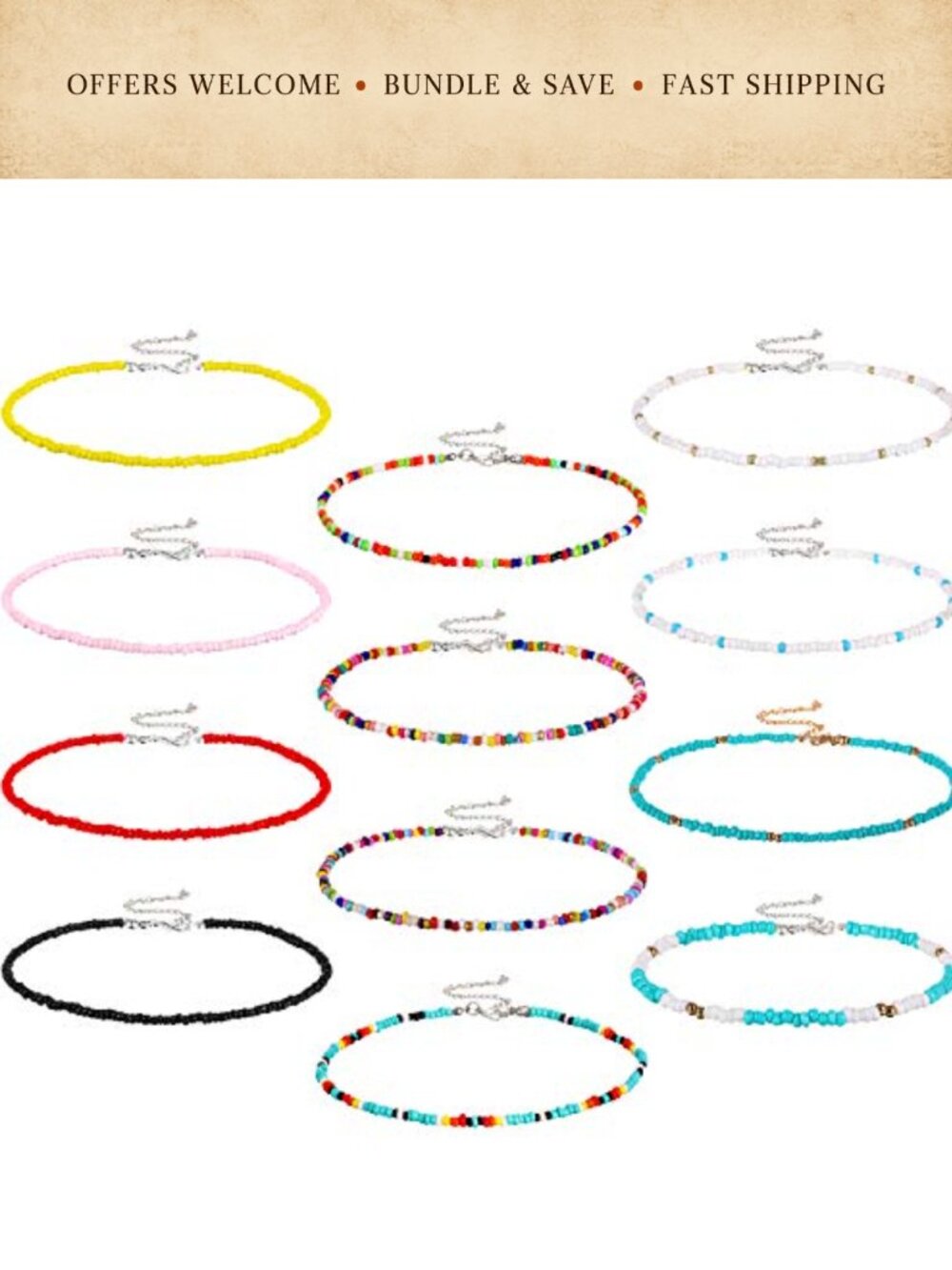 Glass Beaded Choker Necklace Boho Layered Collar Adjustable Chain
